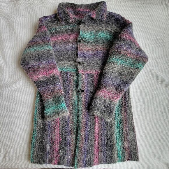 Fuzzy Knit Cardigan Size M Longline Sweater Striped Toggles Einstein Coat Jacket - Picture 8 of 8
